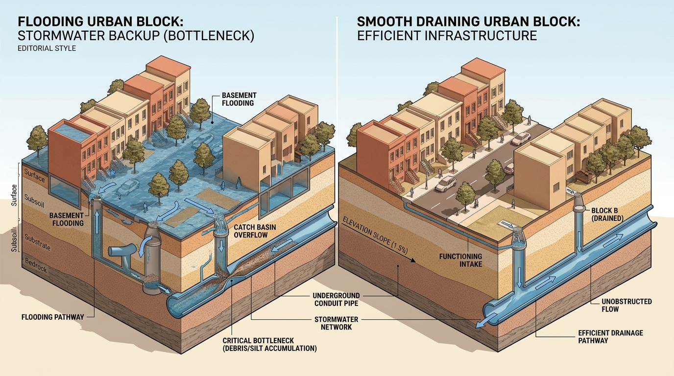 Flooding Urban Block vs Smooth Draining Urban Block Cross-Section